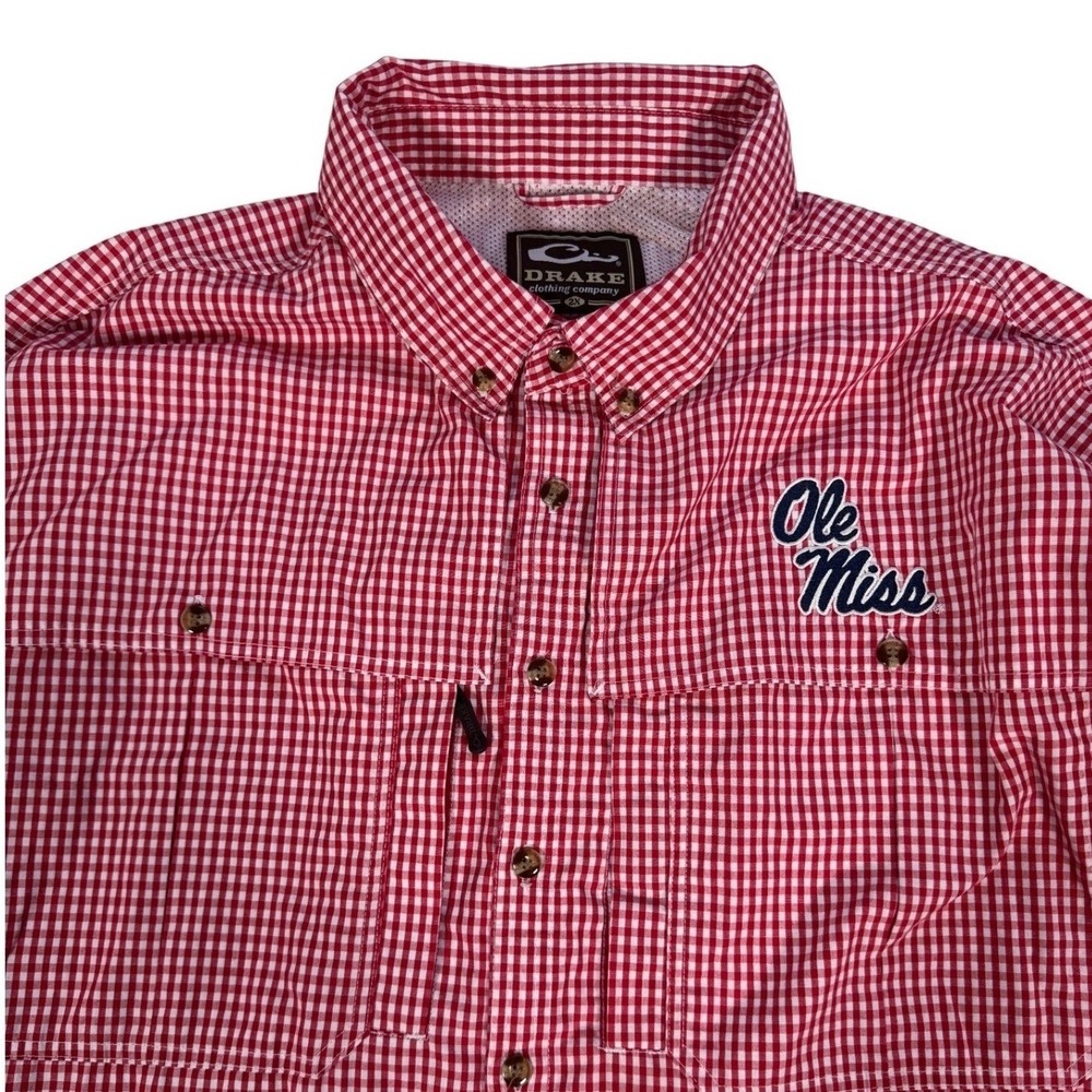 Drake Ole Miss Rebels Fishing Shirt Men's 2XL Red Gingham Vented Long Sleeve PFG